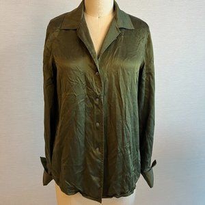 Ralph Lauren Olive Green 100% Silk Button Up Blouse with French Cuffs Size 8